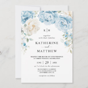 Monogram Dusty Blue Champagne Elfenbensvit Blommig Inbjudningar