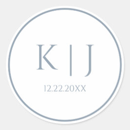 Monogram Dusty Blue Elegant Minimalist Bröllop Runt Klistermärke
