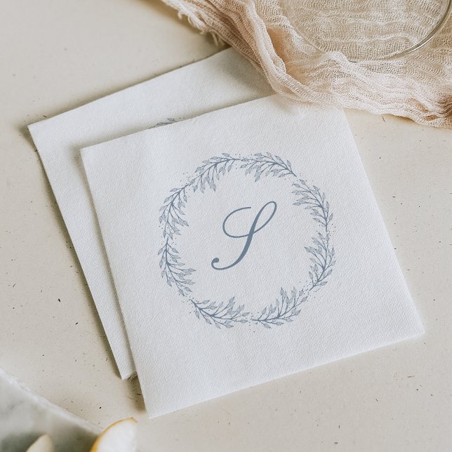 Monogram Dusty Blue Krans Klassisk Bröllopsskrift Pappersservett (Skapare uppladdad)
