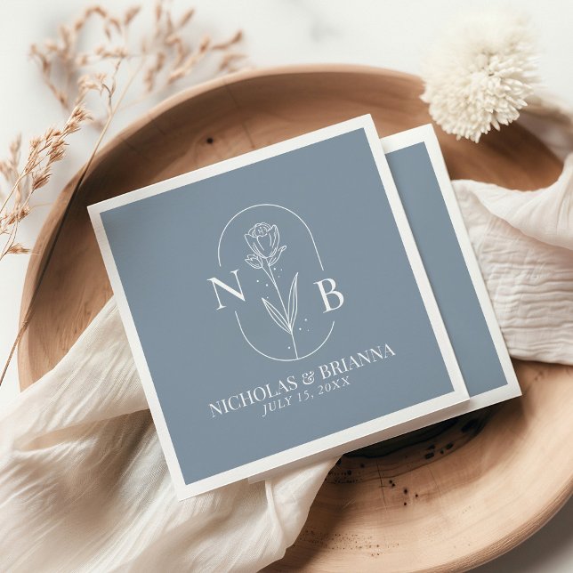 Monogram Dusty Blue Minimalist Elegant bröllop Pappersservett (Skapare uppladdad)