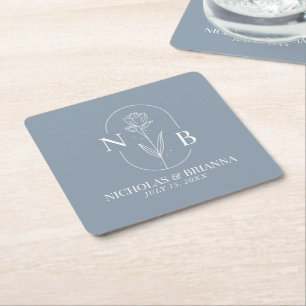 Monogram Dusty Blue Minimalist Elegant bröllop Underlägg Papper Kvadrat