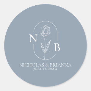 Monogram Dusty Blue Minimalist Modern Bröllop Runt Klistermärke