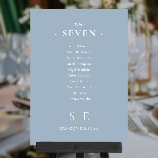 Monogram Dusty Blue Placeringsplan Bordskort (Monogram Dusty Blue Seating Plan Table Number)