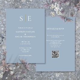 Monogram Dusty Blue QR-kod Bröllop Inbjudningar