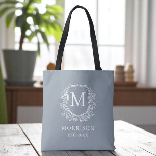 Monogram Dusty Blue Vapensköld Botanical Bröllop Tygkasse