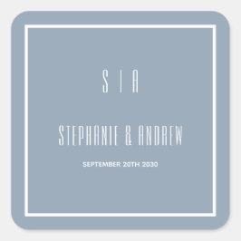 Monogram Dusty Blue & Vit Modern Enkel Bröllop Fyrkantigt Klistermärke