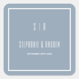Monogram Dusty Blue & Vit Modern Enkel Bröllop Fyrkantigt Klistermärke
