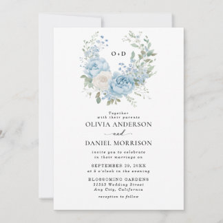 Monogram Dusty Blue & Vita Peonies Blommig Bröllop Inbjudningar