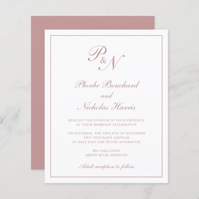 Monogram Dusty Ro Rosa Budget Wedding bjudande in (Fram/baksida)