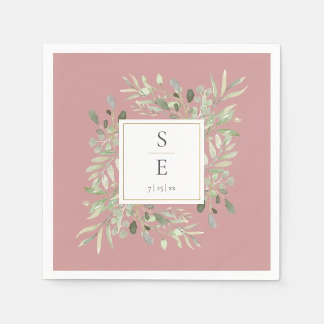 Monogram Dusty Rose Greenery Växlighet Pappersservett (Framsidan)