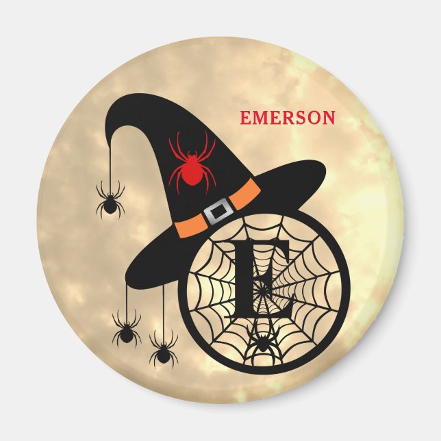 Monogram E Halloween Himlar Witch Spiders Namn Mag Magnet (Framsidan)