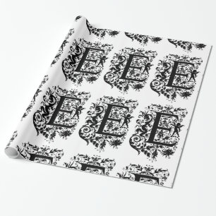 Monogram E Initial Black and White Cupid Mönster Presentpapper