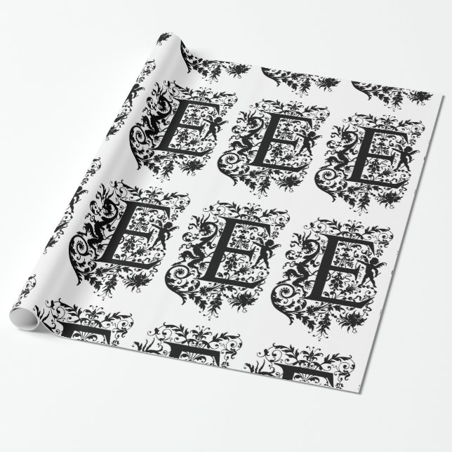 Monogram E Initial Black and White Cupid Mönster Presentpapper (Utrullad)