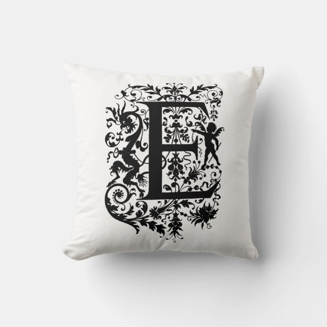 Monogram E Initial Svart och Vit Blommig Mönster Kudde (Framsida)