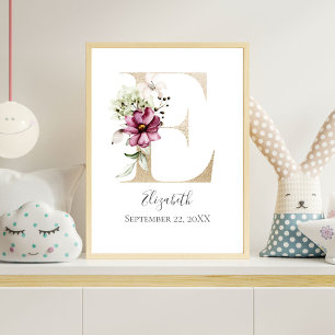 Monogram E Rosa Vit Blommig Guld Bokstav Barnkamma Poster