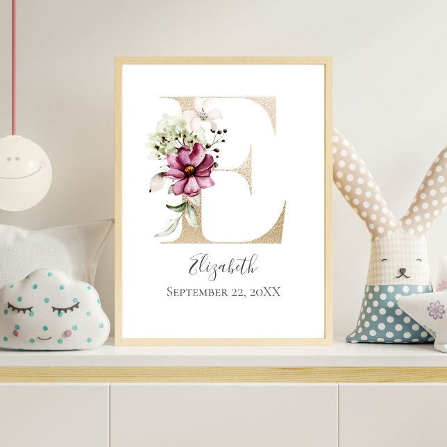 Monogram E Rosa White Blommigt Guld Brev Nursery Poster (Monogram Letter E Gold Pink Floral Watercolor Nursery Wall Art)
