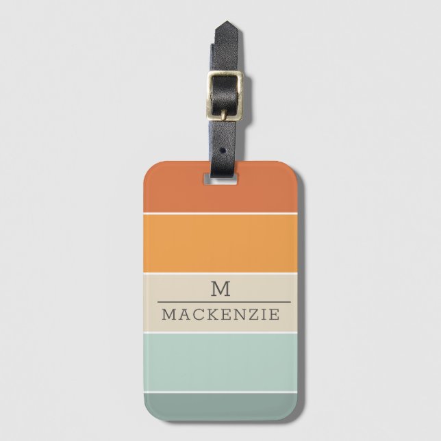 Monogram eget namn Rand Peach Blue Coral Teal Bagagebricka (Framsida vertikal)