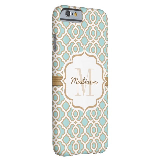 Monogram Eggshell Blue och Guld Quatrefoil Case-Mate iPhone Skal (Baksidan/Höger)