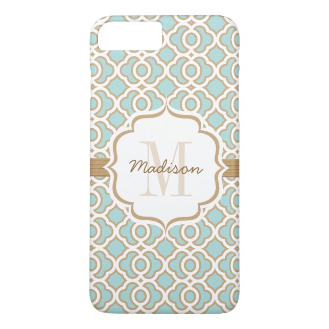 Monogram Eggshell Blue och Guld Quatrefoil Case-Mate iPhone Skal (Baksida)