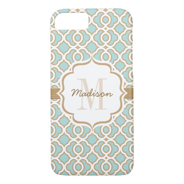Monogram Eggshell Blue och Guld Quatrefoil Case-Mate iPhone Skal (Baksida)