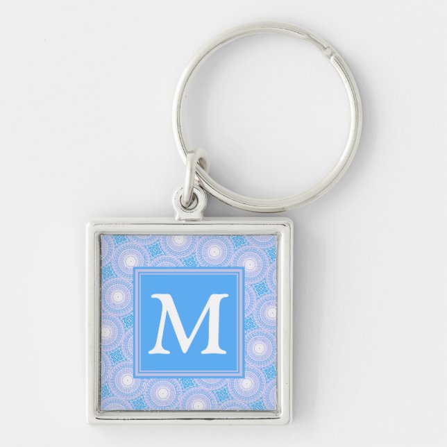 Monogram Electric Blue Circles mönster Fyrkantig Silverfärgad Nyckelring (Framsidan)
