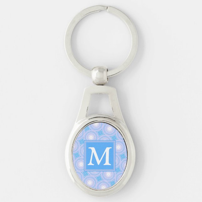 Monogram Electric Blue Circles mönster Ovalt Silverfärgad Nyckelring (Framsidan)