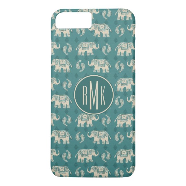 Monogram| Elefant Teal Caravan Mönster Case-Mate iPhone Skal (Baksida)