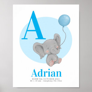 Monogram elefantballong från namn, moderväggskonst poster