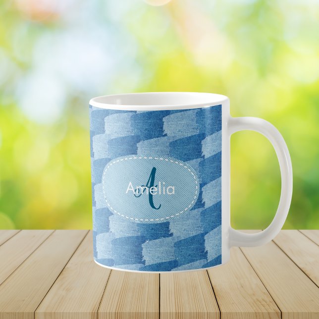 Monogram Elegant Anpassad Blå Denim Kaffe Mugg (Skapare uppladdad)