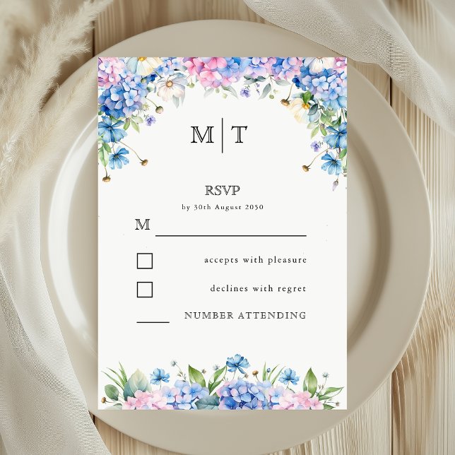 Monogram Elegant Blå Hortensia Bröllopsvar  OSA Kort (Skapare uppladdad)