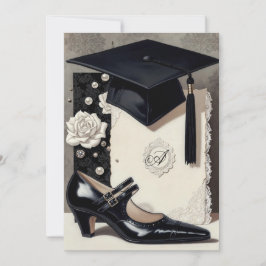 Monogram Elegant Black White Graduation Invitation Inbjudningar