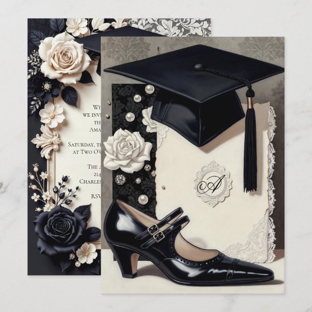 Monogram Elegant Black White Graduation Invitation Inbjudningar (Fram/baksida)