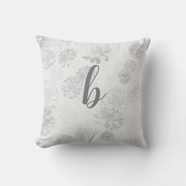 Monogram Elegant Blommigt Grått Kudde (Framsida)