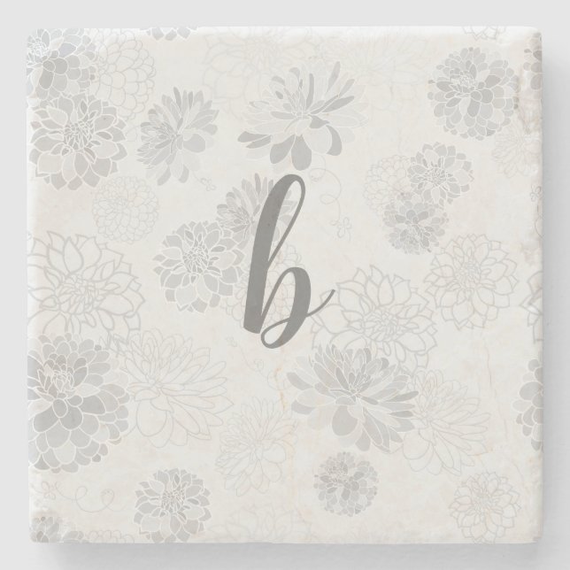 Monogram Elegant Blommigt Grått Stenunderlägg (Framsidan)