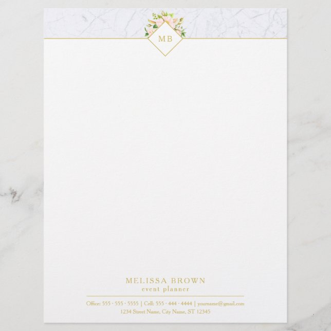 Monogram Elegant Blommigt Marble Chic Letterhead Brevhuvud (Framsida)