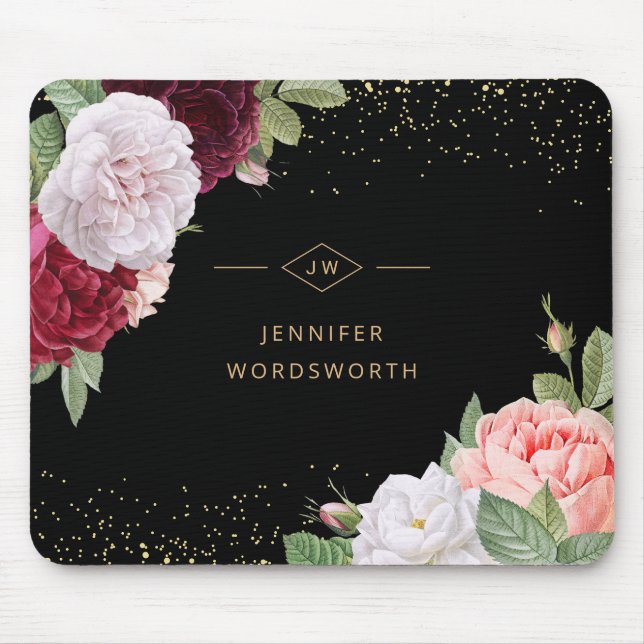 Monogram Elegant Blommigt Ro Rosa Burgundy Black Musmatta (Framsidan)