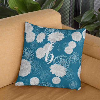 Monogram Elegant Blommigt Teal Kudde