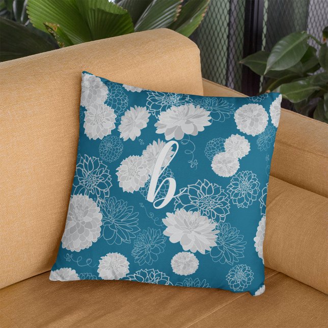 Monogram Elegant Blommigt Teal Kudde (Skapare uppladdad)