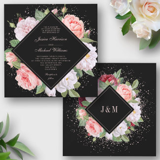Monogram Elegant Blommigt White Rosa Black Bröllop Inbjudningar