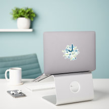 Monogram Elegant Blue Grönt Watercolor Flowers