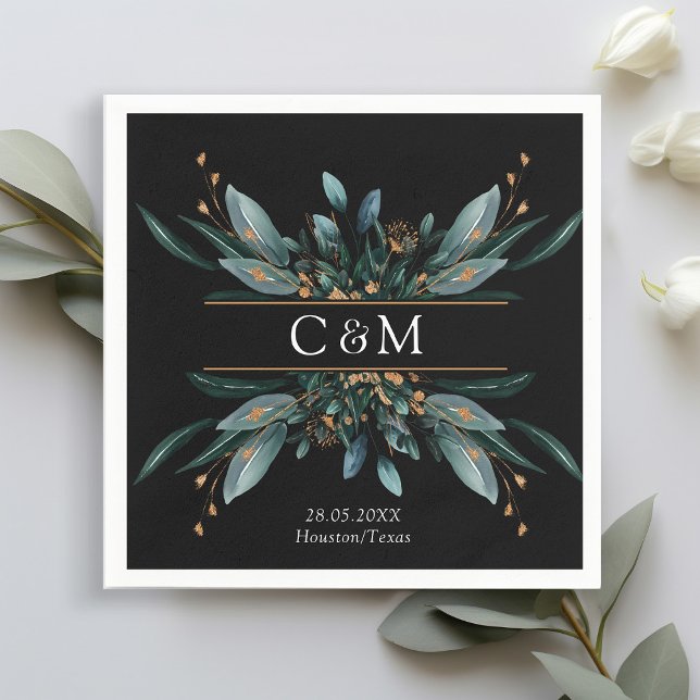 Monogram Elegant Blue Guld (Imitat) Botaniskt Napk Pappersservett (Skapare uppladdad)