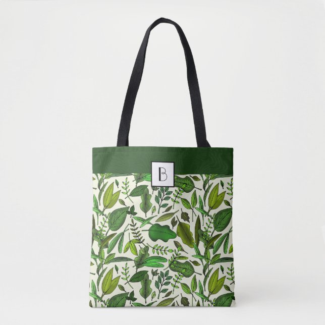 Monogram Elegant Botanisk Grönt Lövs Mönster Tygkasse (Framsida)