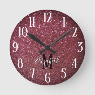 Monogram Elegant Burgundy Faux Bokeh Glitter Rund Klocka