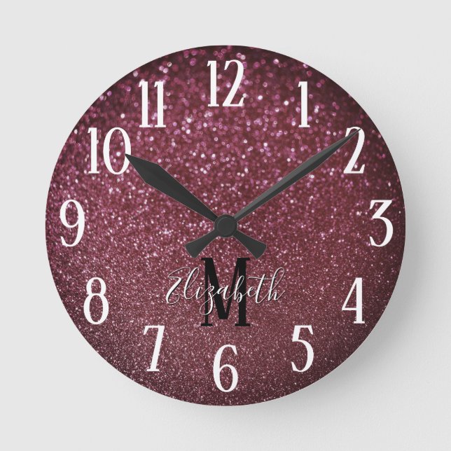 Monogram Elegant Burgundy Faux Bokeh Glitter Rund Klocka (Framsida)