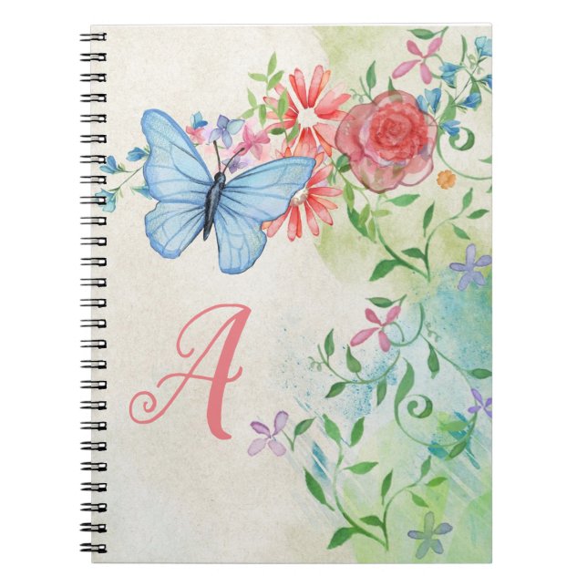 Monogram Elegant Butterfly Colorful Blommigt Anteckningsbok (Framsidan)