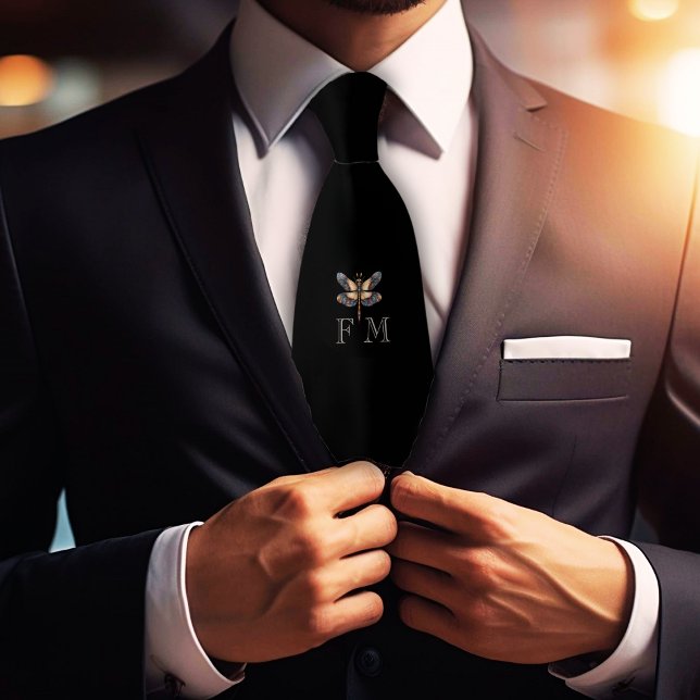 Monogram Elegant Dragonfly On Black Neck Tie Slips (Skapare uppladdad)