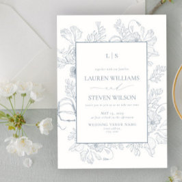 Monogram Elegant Dusty Blue Blommigt Line Bröllop Inbjudningar