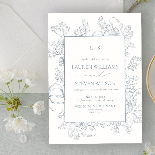 Monogram Elegant Dusty Blue Blommigt Line Bröllop Inbjudningar (Skapare uppladdad)
