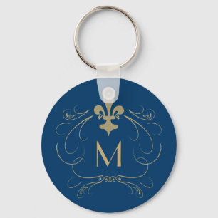 Monogram Elegant Fleur de Lis Blue Guld Nyckelring