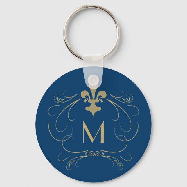 Monogram Elegant Fleur de Lis Blue Guld Nyckelring (Framsida)